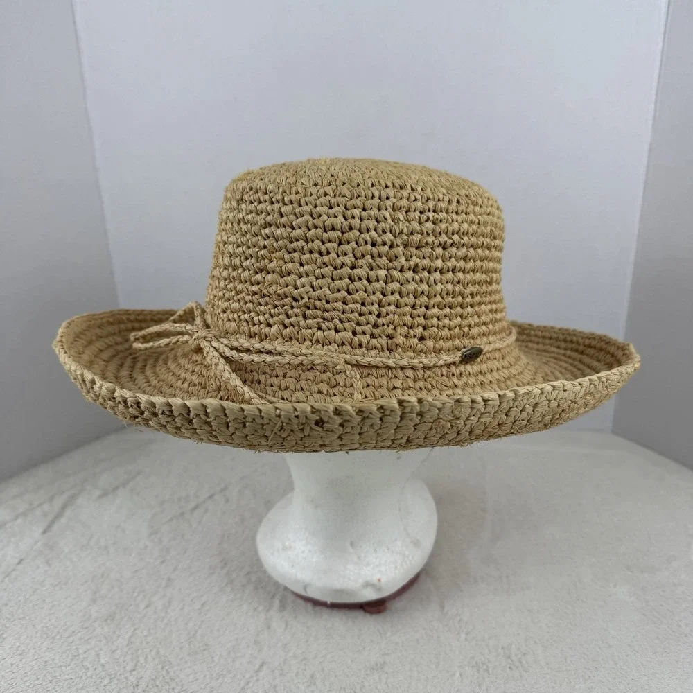 Scala Crocheted Twisted Raffia Straw Boater Hat with Drawstring One Size Natural